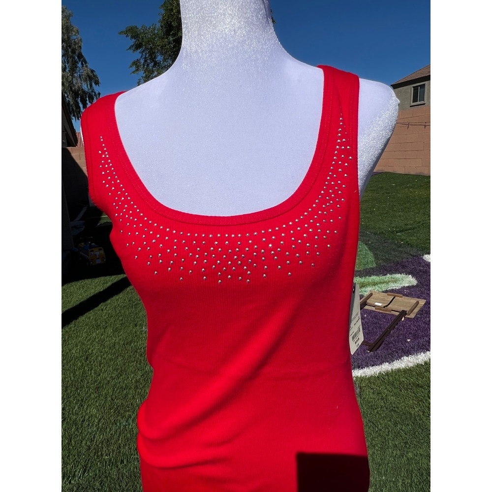 St Johns Bay Red Ribbed Studded Scoop Neck Cotton Tank Top Women Medium NWT